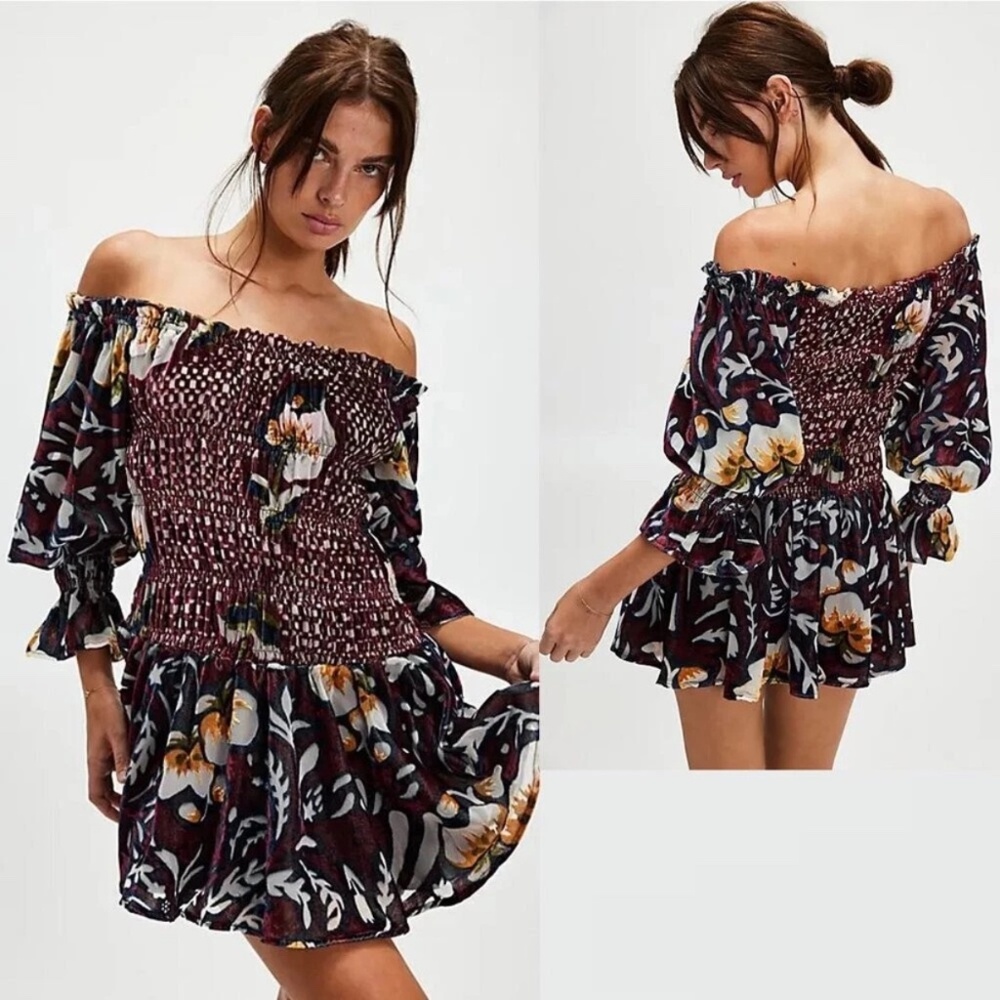 Free People Bali Aveline Velvet Mini Smoked Dress Size  Large Purple Floral
